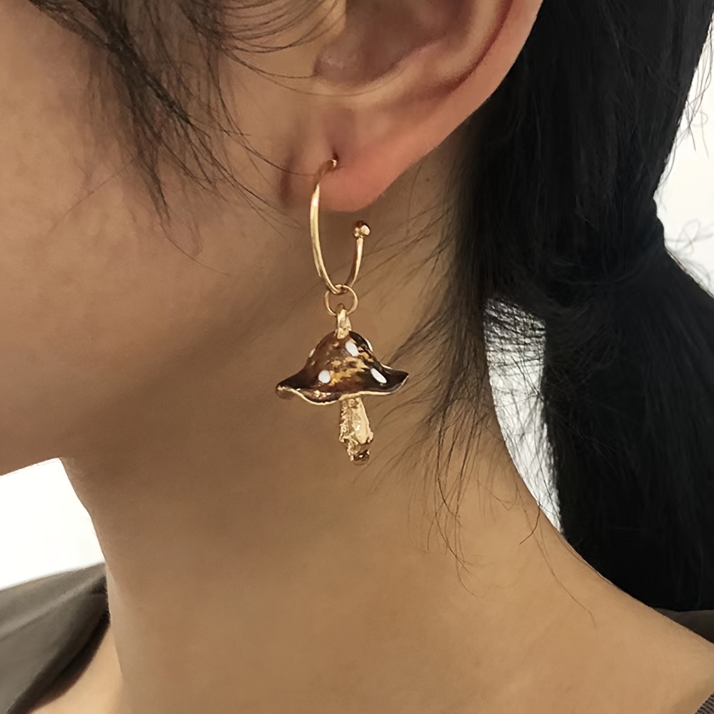 Vintage Mushroom Dangle Earrings Enamel Coating Hypoallergenic